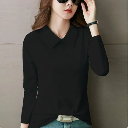 High Quality T-shirts 100℅ Cotton Female Tee Long Sleeve With Collar Korean Popular Clothes Basic Pretty Original Women's Polo