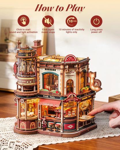 ROKR Wooden 3D Puzzle Dream Coffee Factory Music Box Model Building Kit 593-piece DIY Miniature House Kit with LED Light Unique Home Decor Gift for Adults Women