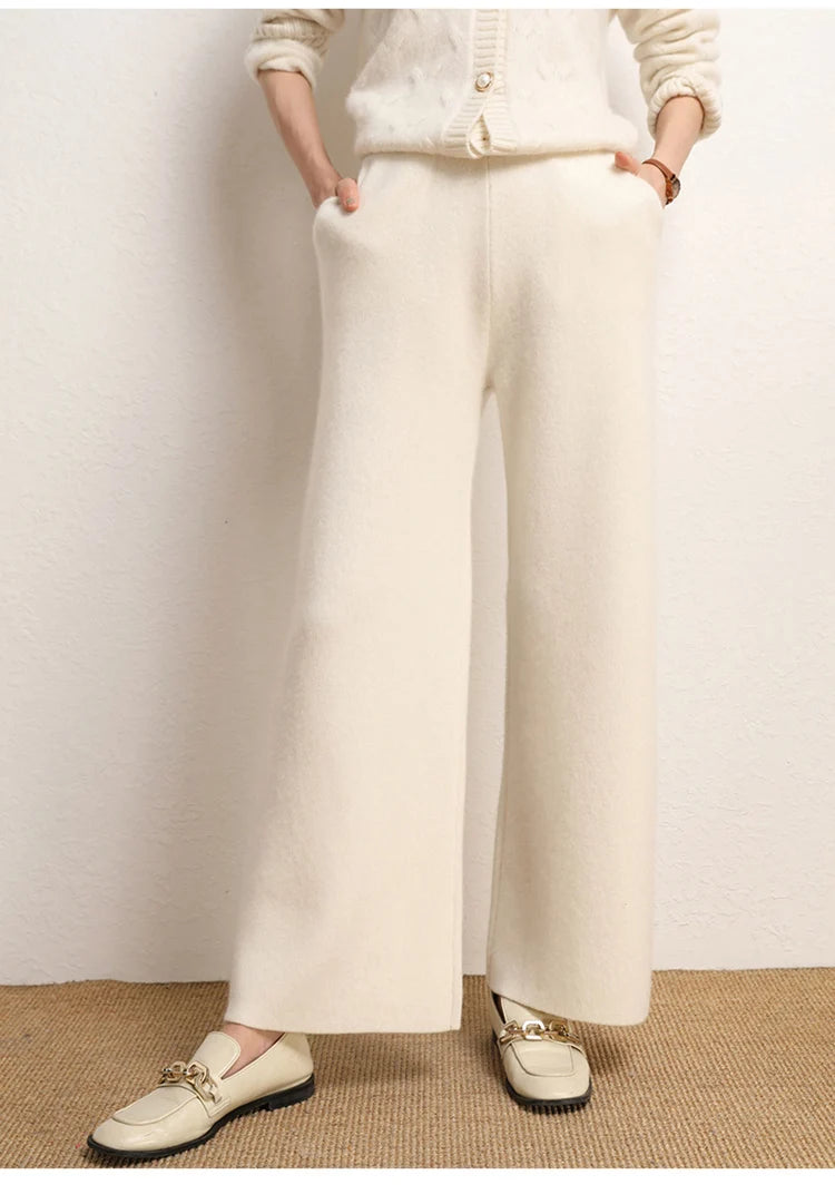Women's 100% Cashmere Wide Leg Pants Knitted Thick Autumn/Winter Casual Solid Color Elastic Waistband Pockets