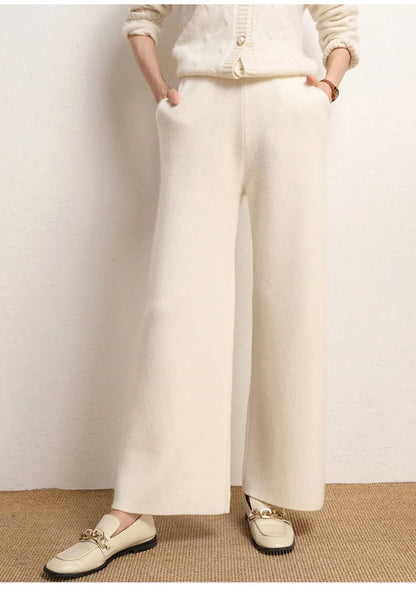 Women's 100% Cashmere Wide Leg Pants Knitted Thick Autumn/Winter Casual Solid Color Elastic Waistband Pockets
