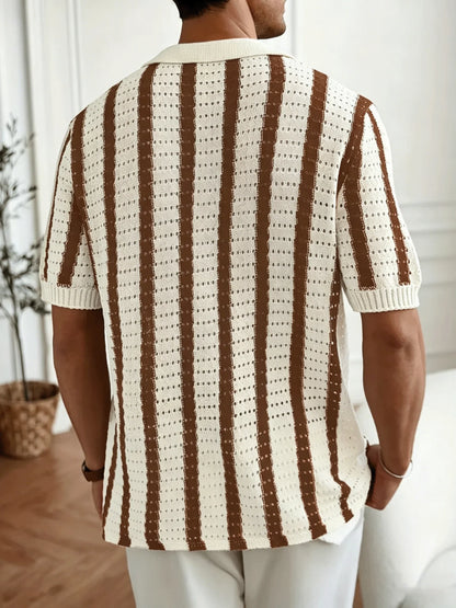 Men's Striped Knit Polo Shirt Short Sleeve Button Down Cardigan V-Neck Hollow Out Retro Casual Top Summer Old Money Style