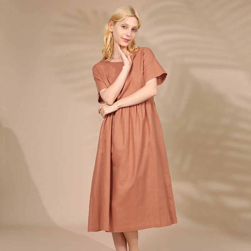 Summer Cotton Linen Women Dresses Vintage Short Sleeve Casual Loose Back Bandage Harajuku Party Club Dress With Pockets