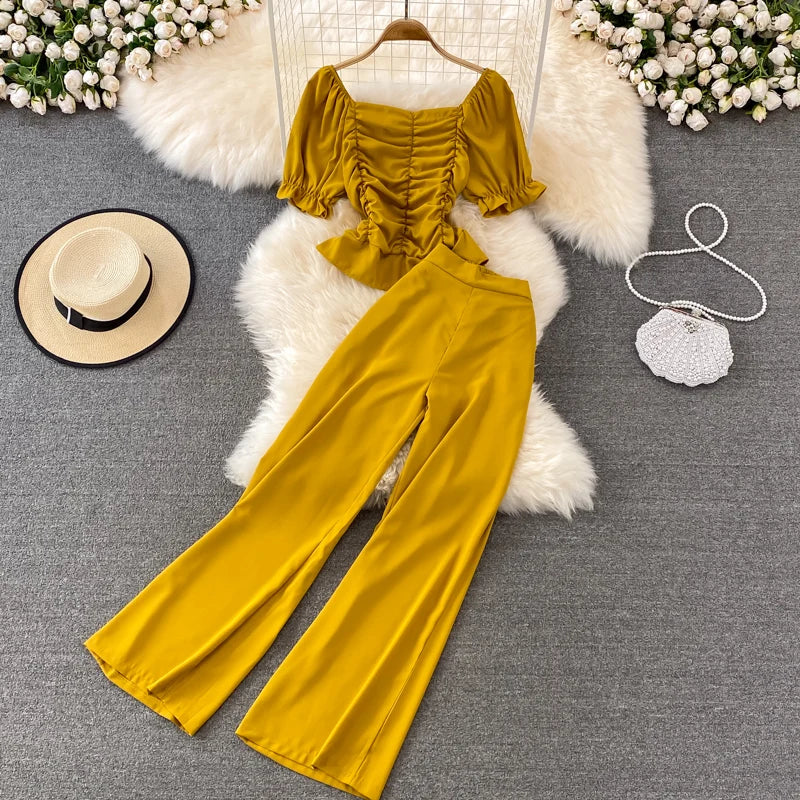 Faionable Casual Women's Set High Waist Wide Leg Pants Long Pants Two Piece Square Collar Slim Fit irt Spring