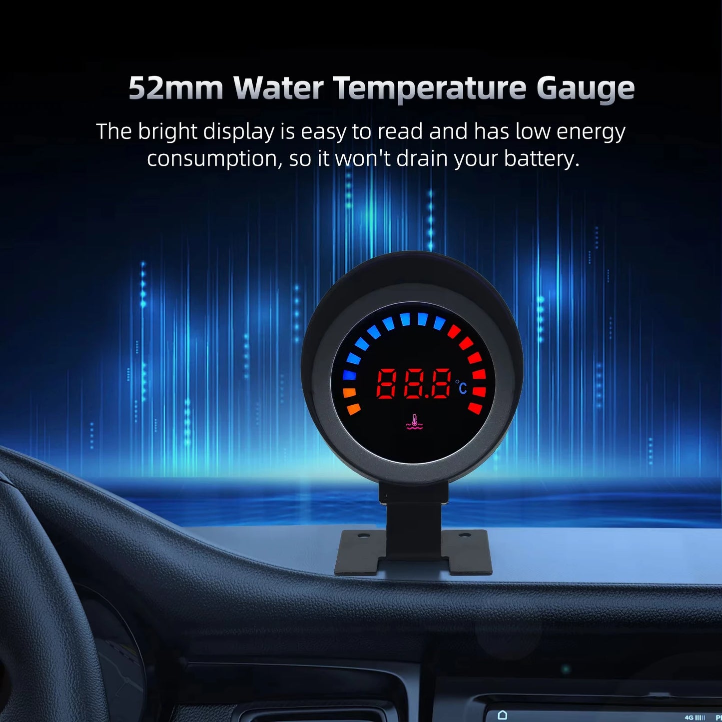 52mm 2 in 1 LED Digital Water Temp Gauge Voltmeter 12V 24V Car Truck Motorcycle with 10mm Sensor 26-40MM Adapter Celsius Meter