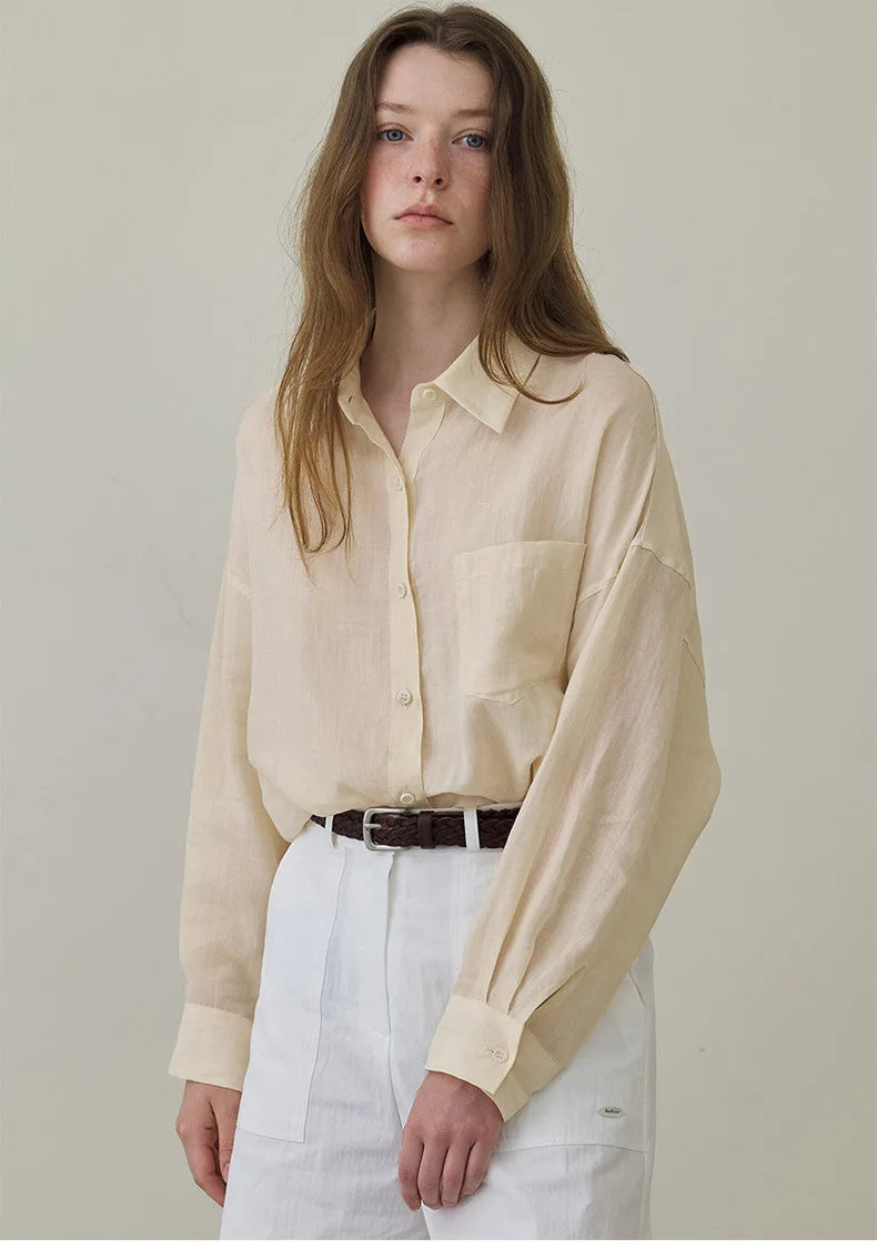 100% Ramie Thin Breathable Women Shirt Chic French Lapel Single-Breasted Cardigan Ladies Loose Simple Long-Sleeved Shirts
