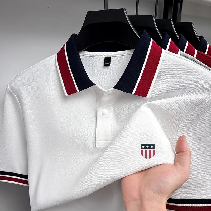 Hot-Selling Man Pullover Short-Sleeved Polo Shirt Striped Design Lapel Button High Quality Stamp Daily Commute New Mens Clothing