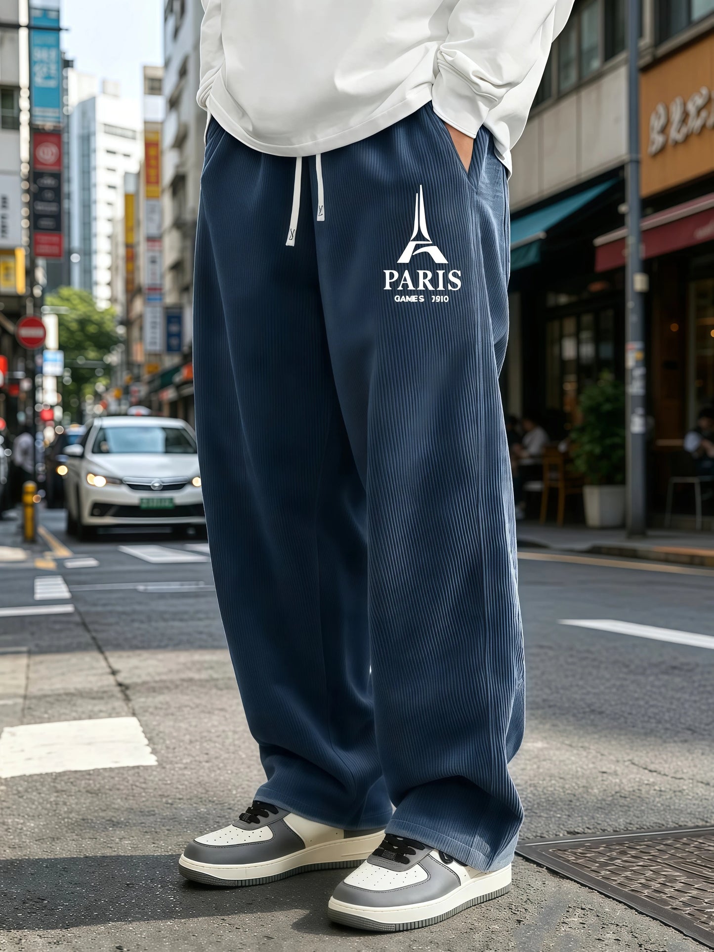 Mens Corduroy Wide Leg Trousers Elastic Drawstring Waist Eiffel Tower Letter Print Loose Straight Casual Street Pants S-4XL