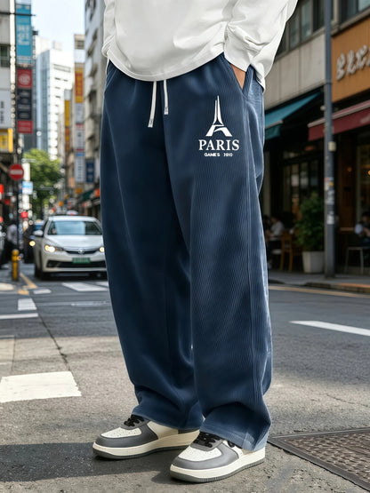 Mens Corduroy Wide Leg Trousers Elastic Drawstring Waist Eiffel Tower Letter Print Loose Straight Casual Street Pants S-4XL