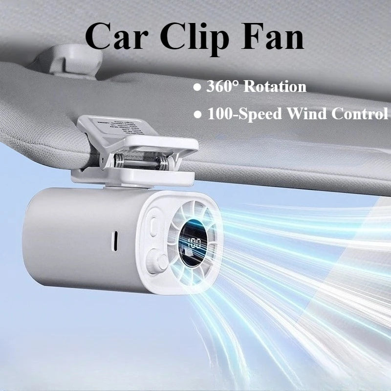 Hipacool Portable Car Clip Fan 360° Rotatable 100 Speed Wind 12V USB Rechargeable Electric Fan Low Noise Mini Fan Clamp Anywhere