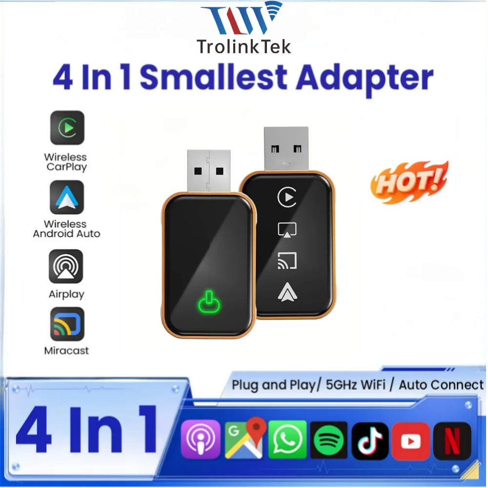 TrolinkTek 4 in1 Wireless CarPlay Adapter Car Intelligent System Android Auto Connect Airplay Mirror Link Screen Fast Connect