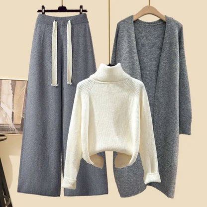 Fashionable Knitted Three-Piece Set Women's Autumn New Lazy Style Open Cardigan Outerwear Slimming Wide Leg Pants