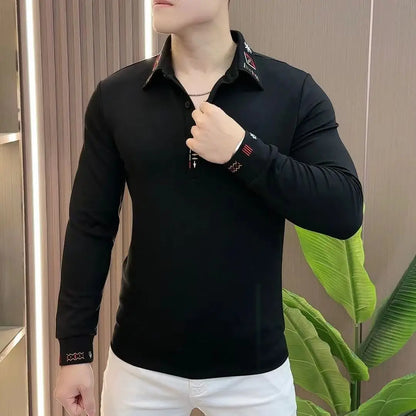 Men’s Casual Long Sleeve Polo Shirt Slim Fit with Embroidery Autumn Turn Down Collar Top Versatile Daily Outfit