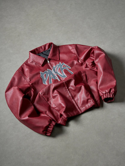 Men's High Street Faux Leather Jacket Retro Windproof Warm Coat Men Letter Print Lapel Collar Motorcycle Street Style Outerwear