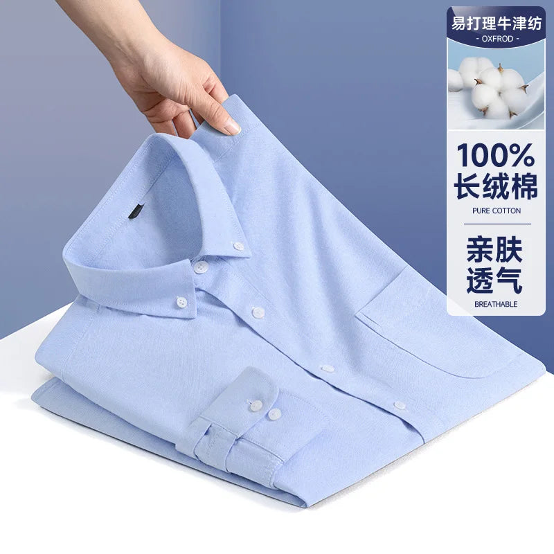 100% Cotton Men's Oxford Shirts Spring Autumn Long Sleeve Basic Casual Solid Striped Button Down Social Business Formal Plus 5XL