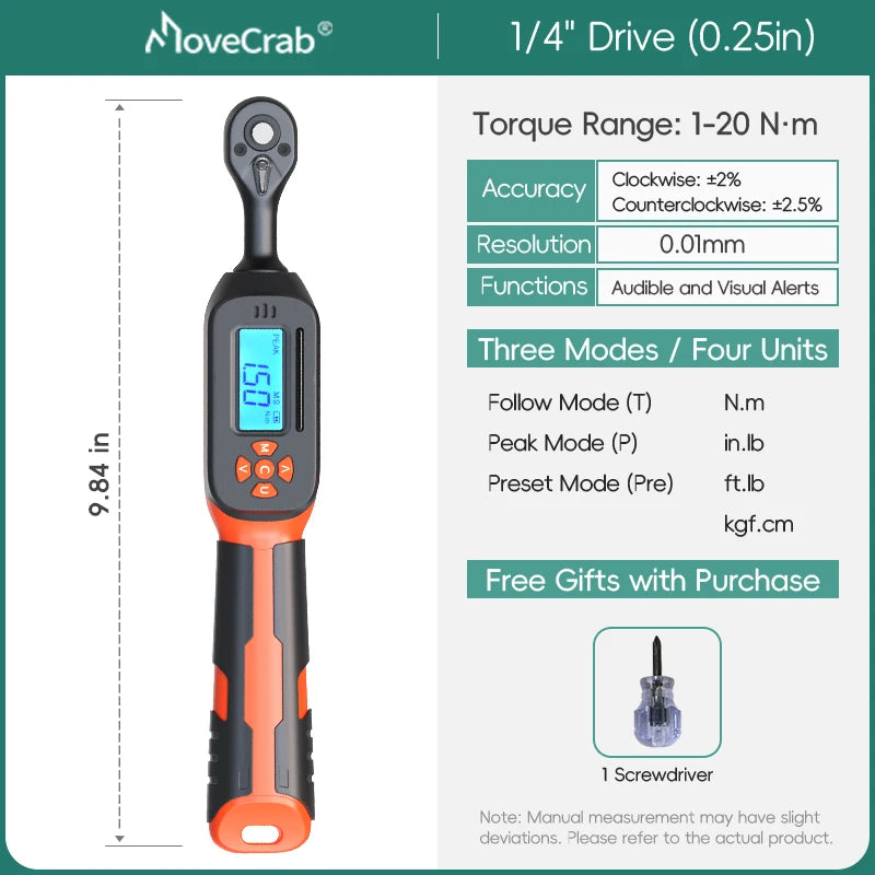 MOVECRAB Digital Torque Wrench 0.6-340N.m 2% Accuracy Preset & LED/Buzzer Alerts for Bike Motorcycles Automotive Mechanical Tool