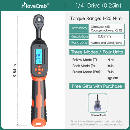 MOVECRAB Digital Torque Wrench 0.6-340N.m 2% Accuracy Preset & LED/Buzzer Alerts for Bike Motorcycles Automotive Mechanical Tool