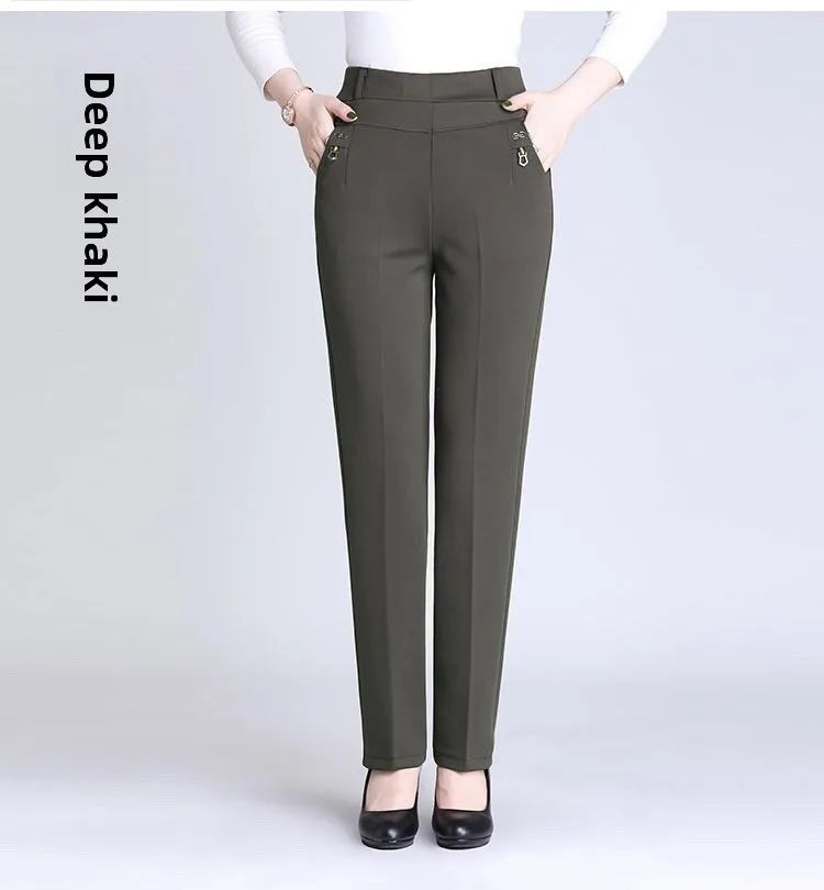 High Waist Fleece Lined Slimming Pants for Middle-Aged And Elderly Women Casual Long Pants Straight Leg Elastic Ankle Pants