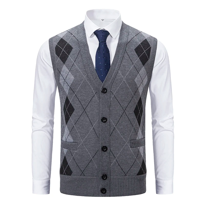 Spring Autumn Male Vest Sleeveless Sweater Fleece Warm  Knitted Jackets Checkered Business Casual Button Up Coat Men's Clothing