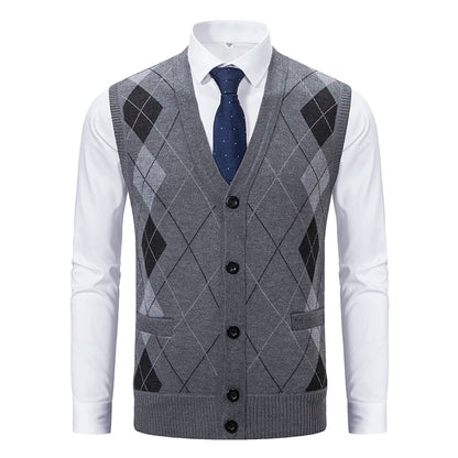 Spring Autumn Male Vest Sleeveless Sweater Fleece Warm  Knitted Jackets Checkered Business Casual Button Up Coat Men's Clothing