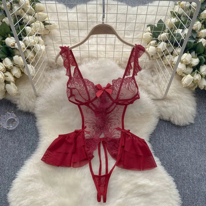 Sexy Lace Strap Jumpsuit Slim Fit Transparent Women's Pajamas Halter Playsuit Erotic Lingerie Catsuit Backless Hollowed Bodysuit