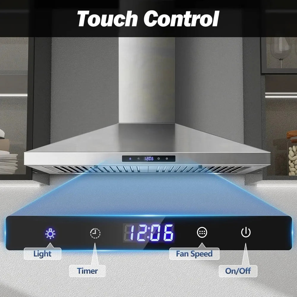 30 Inch Wall Mount Range Hood, Stainless Steel, Touch Control, Ducted/Ductless Convertible, Chimney Style with Baffle Filters