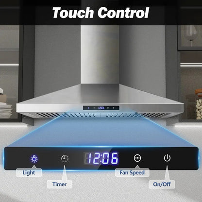 30 Inch Wall Mount Range Hood, Stainless Steel, Touch Control, Ducted/Ductless Convertible, Chimney Style with Baffle Filters