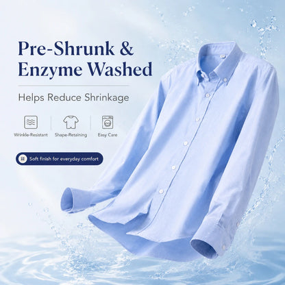 Men Cotton Oxford Shirt Long Sleeve Button Down Casual Business Shirt Pre-Shrunk Enzyme Washed Breathable Wrinkle Resistant
