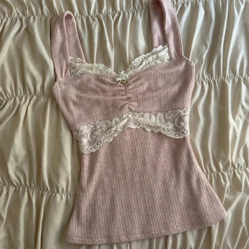 Y2k Coquette Lace Trim Crop Top Women 00s Vintage Aesthetic Grunge Slim Fit Vest Retro Cottage Tank Tops Clothes