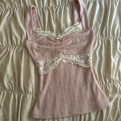 Y2k Coquette Lace Trim Crop Top Women 00s Vintage Aesthetic Grunge Slim Fit Vest Retro Cottage Tank Tops Clothes