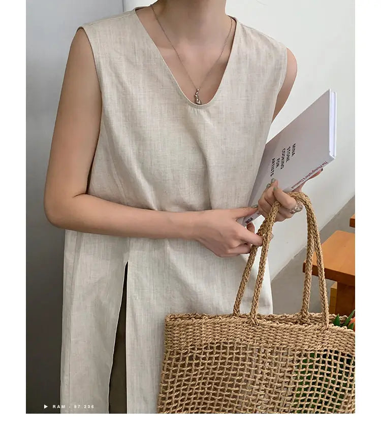 Simple Style Mid-Length V-Neck Women's Dress Knee-Covering Summer Cotton Linen A-Line Skirt Casual City Walk Dress