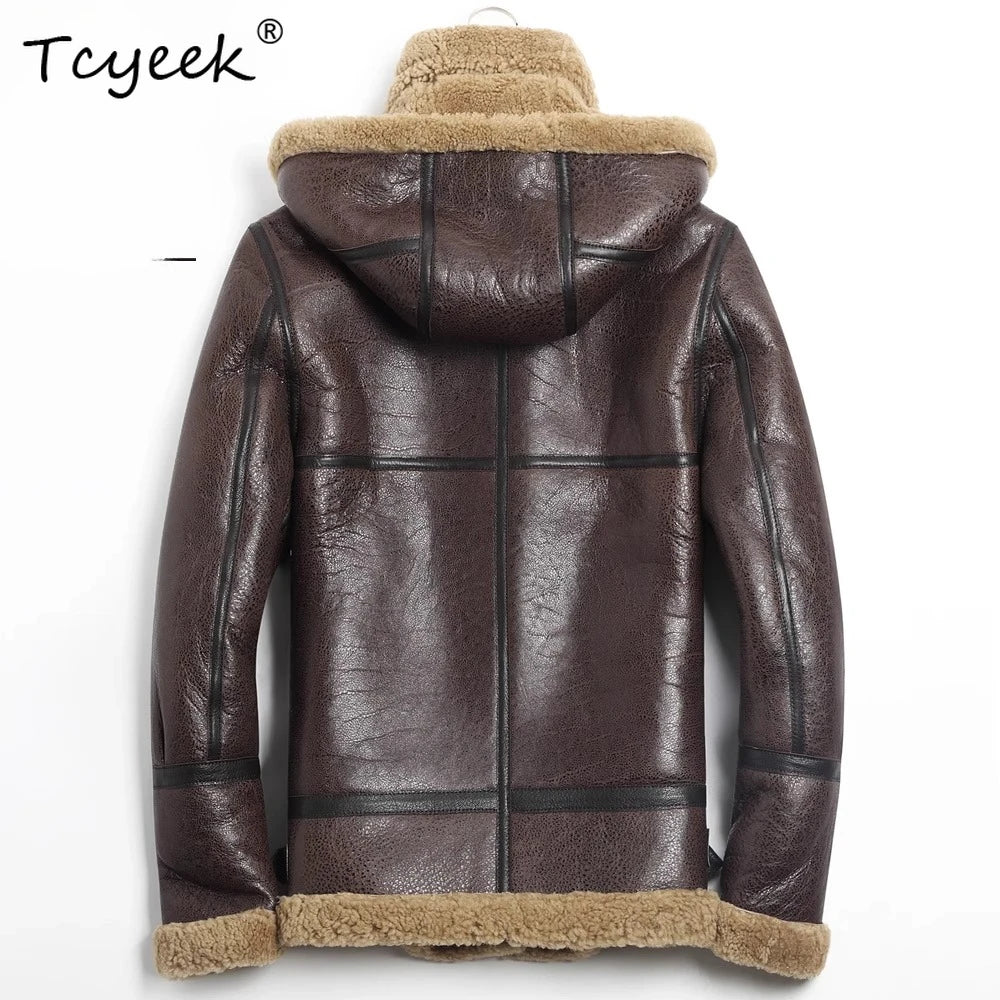 Tcyeek Natural Sheepskin Fur Coat Male Warm Real Leather Jacket Men Winter Clothes Lamb Wool Coats Hoodie 2025 Куртка Мужская