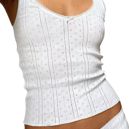 Rounded Neck Lace Hollow out Tank Top And Shorts Set Home Clothes Breathable Summer Sleepwear for Young Women