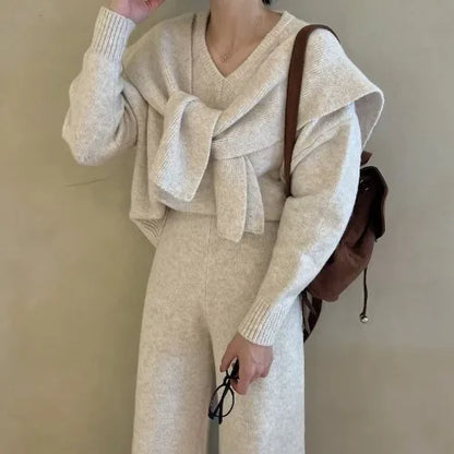 Loose V-neck Knitwear Women's Fashion Sweater Small Shoulder Drape Wide Leg Pants Autumn Three-piece Set Korean Style
