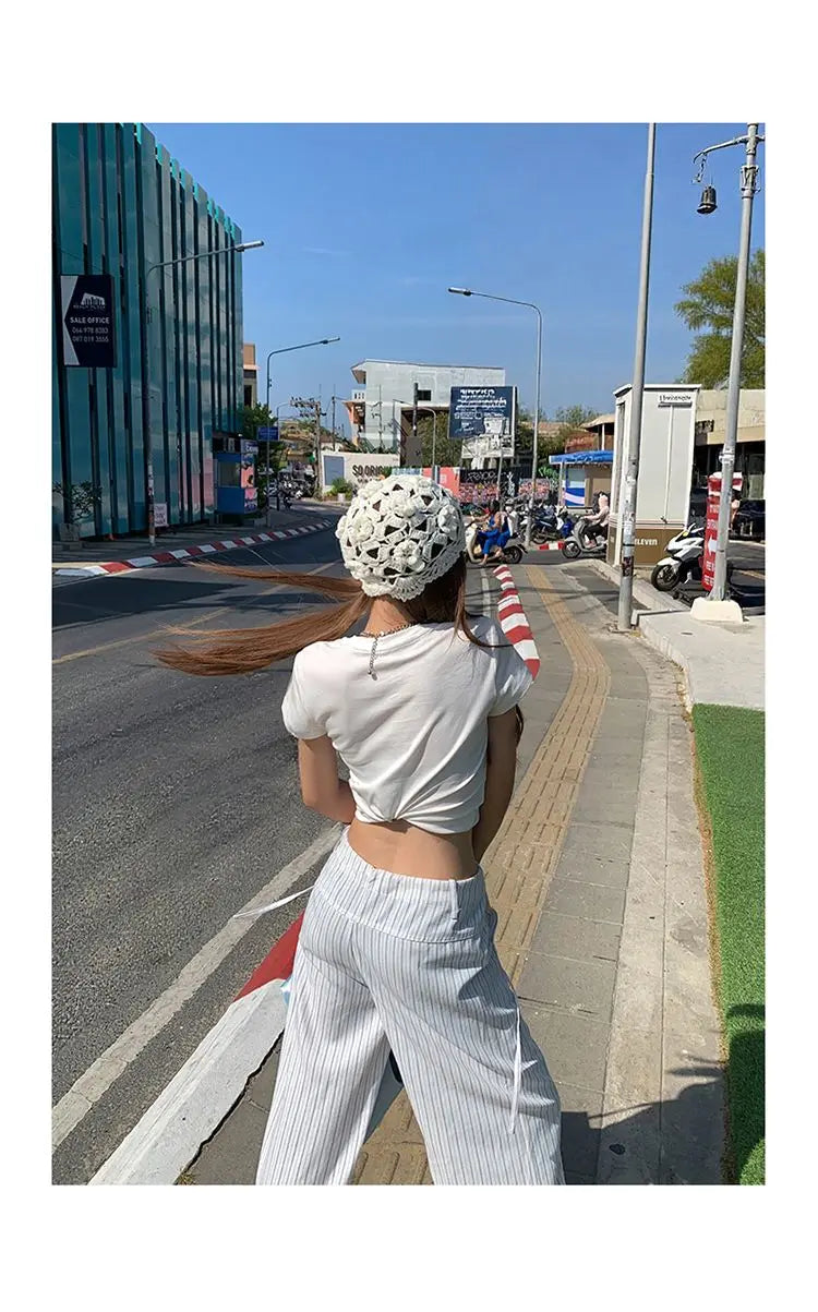 High-waist loose wide-leg pants, spring and summer new drawstring vertical striped versatile straight-leg casual pants for women