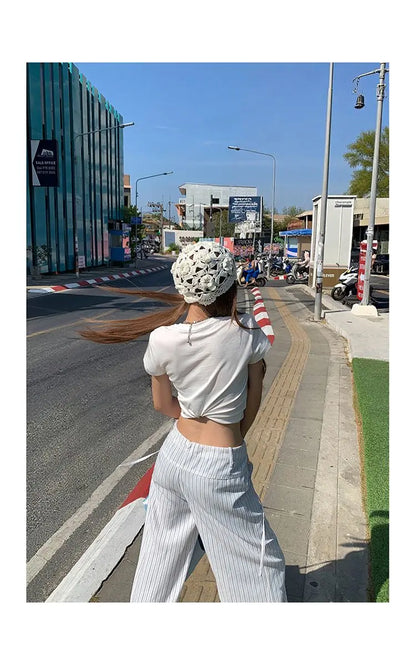 High-waist loose wide-leg pants, spring and summer new drawstring vertical striped versatile straight-leg casual pants for women