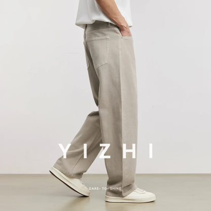 Fashion Men's American Retro Draping Vintage Cut-Off Jeans 2026 Summer Cotton Blend Loose Casual Straight Wide Leg Pants
