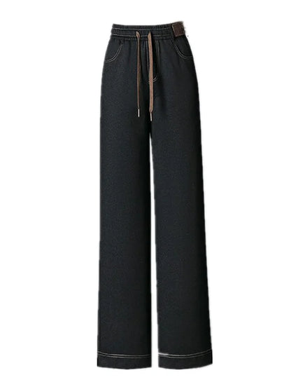 High Waist Fleece Lined Thick Wide Leg Jeans Women's Casual Straight Leg Pants Autumn Winter Loose Fit Comfortable Trousers