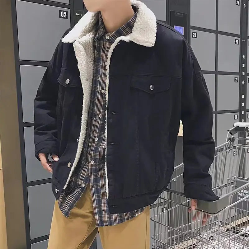 Lamb Velvet Thickened Loose Collar Denim Jacket Men's Autumn Winter Fashionable Workwear Cotton Coat Youthful Energy Style