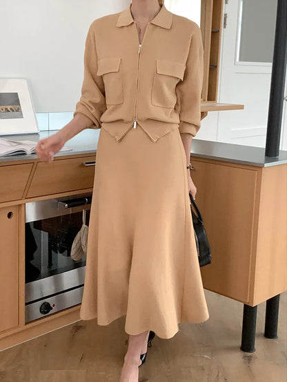 Korean Style Women's Fashion Short Knitted Top High Waist Skirt Sweater Two-Piece Set Chic Autumn Wear for Adults