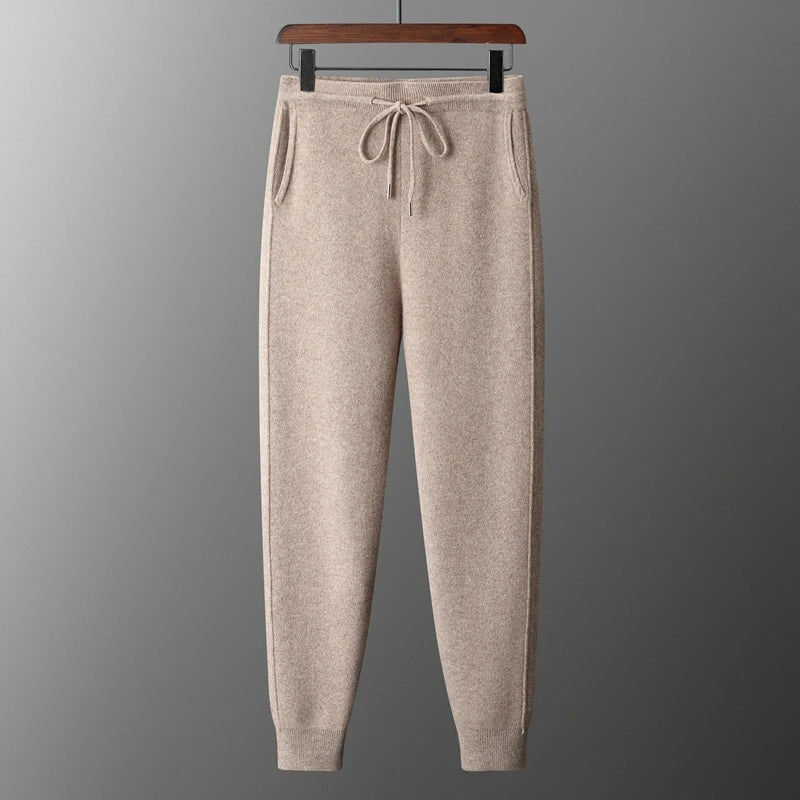100% Merino Wool Men's Pants autumn and Winter Thickened High Waisted Small Leg Pants Casual Business Knitted Sweatpants Warm