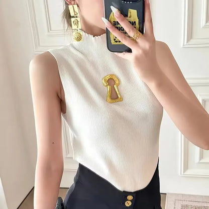 Spring Summer Solid Spliced Metal Buckle Slimming Knit Tshirt For Women Turtleneck Sleeveless Minimalist T Shirt Female Fashion