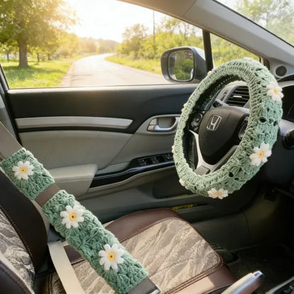 Warm Anti-Slip Hand Crocheted Flower Car Steering Wheel Cover Simple Stylish Winter Car Decor Safe Driving Seat Belt Accessory