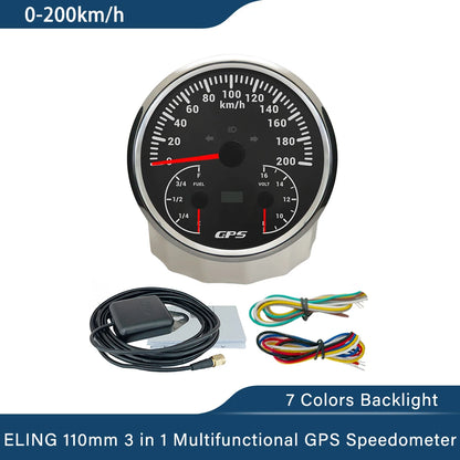 ELING 110mm 3 in 1 Multifunctional 120km/h 200MPH GPS Speedometer with Fuel Level Voltmeter 7 Colors Backlight for Car Universal