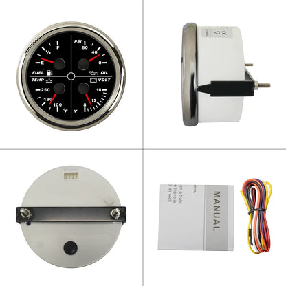 ELING Waterproof Auto Marine 85mm 4 in 1 Gauge Oil Pressure Water Temp Fuel Level Voltmeter for Motorcycle 8-16V
