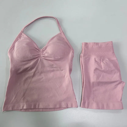 2 Pieces Sports Set Women Backless Tank Yoga Tops High Waist Scrunch Seamless Shorts Sport Gym Set Sportswear Workout Set