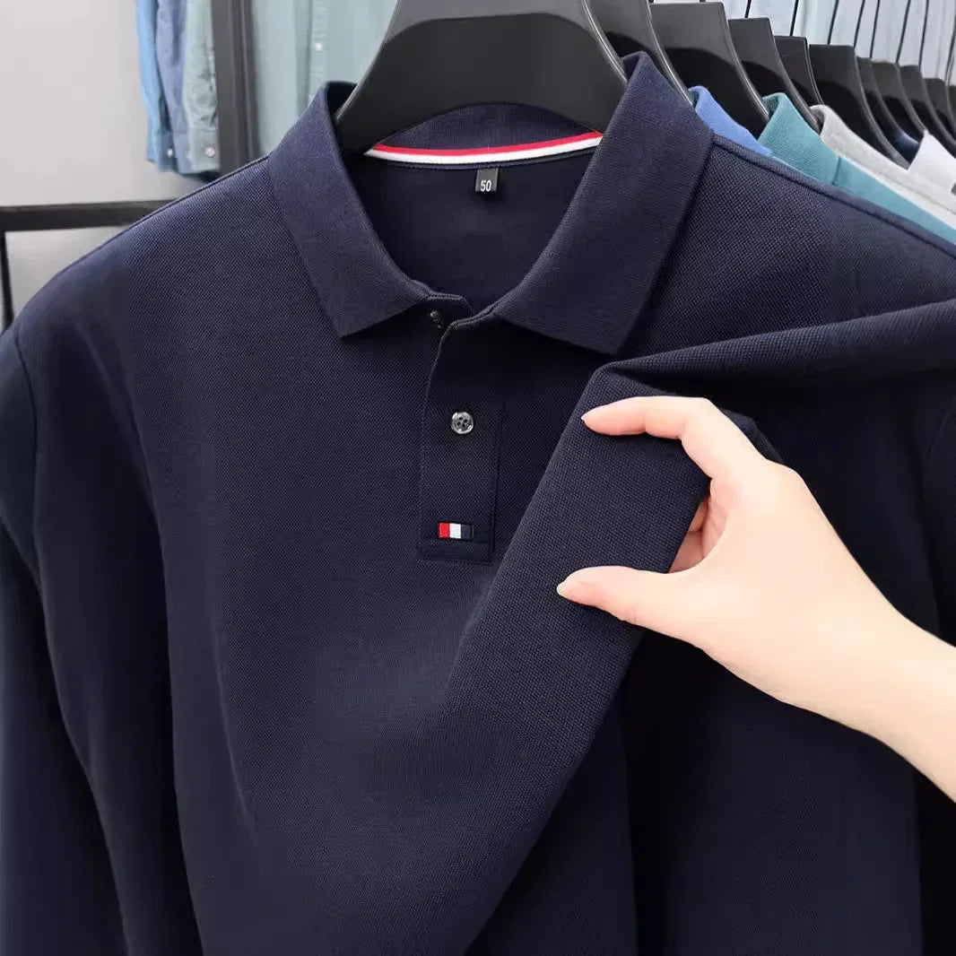 Collar T-shirt for men, long sleeved, autumn, middle-aged, business, pure cotton, casual polo shirt, top for men