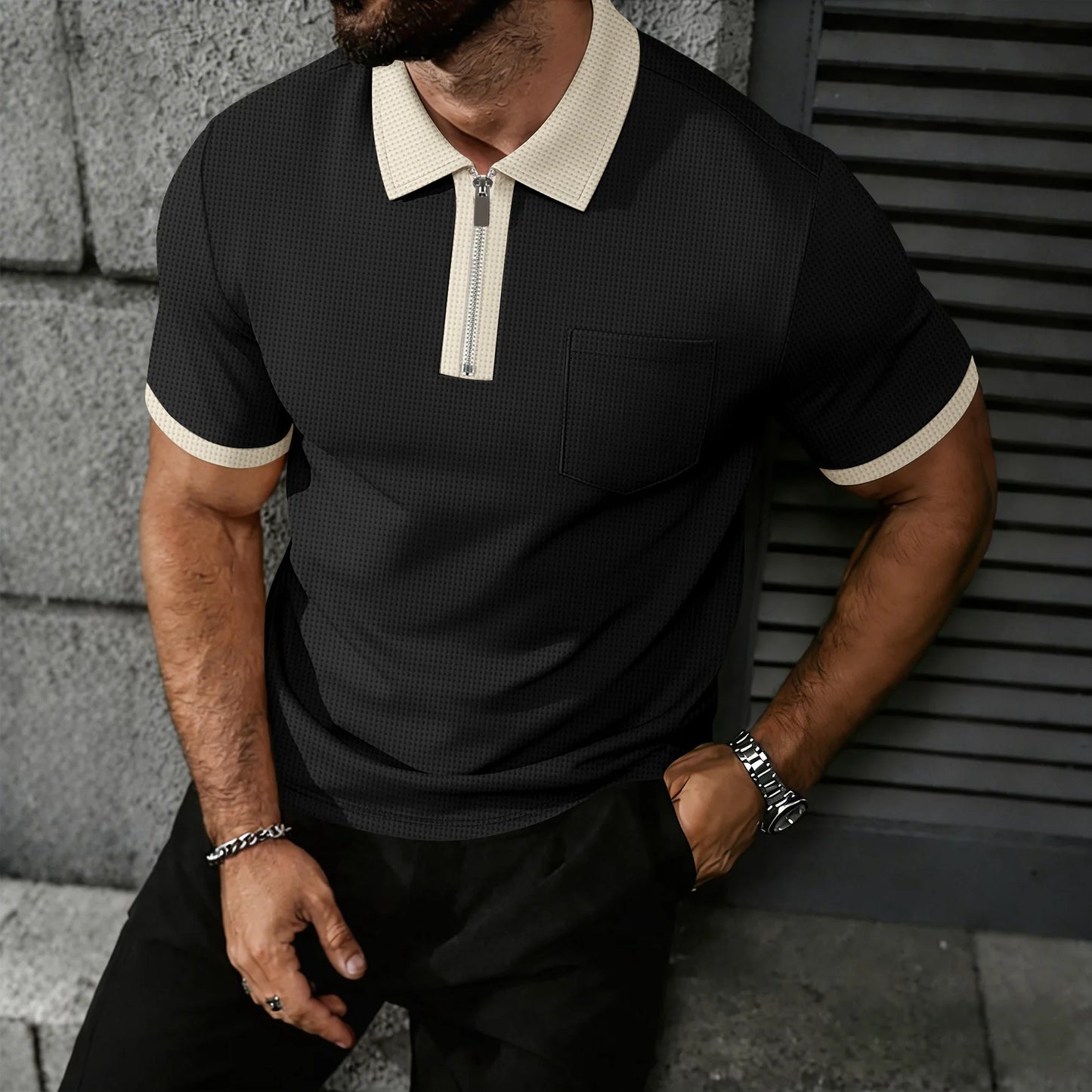 Men's Contrast Trim Waffle Knit Polo Shirt | Short Sleeve Zip Collar Shirt with Pocket for Summer Daily Wear
