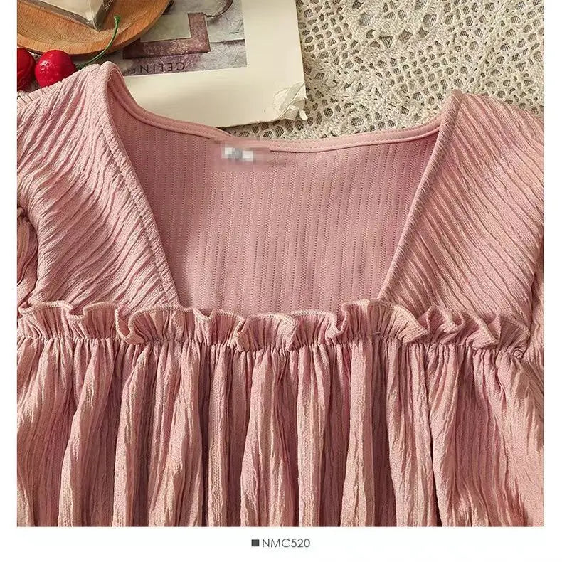 Summer 2025 New Folded Square Collar Bubble Sleeve Shirt High Waist Loose Casual Wide Leg Pants Two Piece Set Women's Fashion