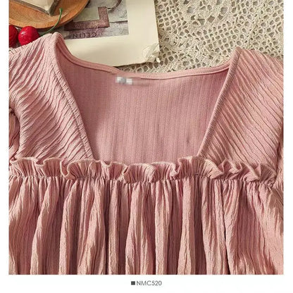 Summer 2025 New Folded Square Collar Bubble Sleeve Shirt High Waist Loose Casual Wide Leg Pants Two Piece Set Women's Fashion