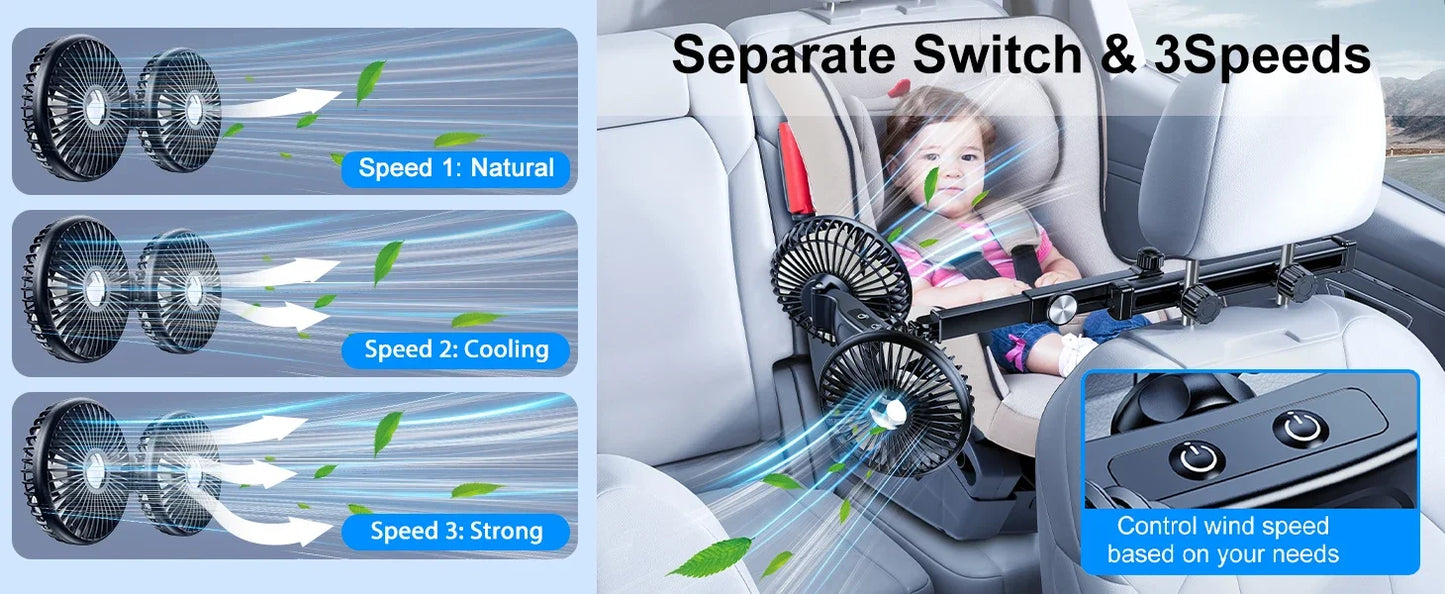Hipacool Extension Arm Dual-Head Fan for Car Headrest 360° Rotation Air Cooling Fan Angle Adjustable 3-Speed Wind Brushless Fan